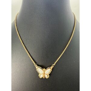 Gold Tone Butterfly Pendant Necklace White Inlay Wings Dainty 16 Inch Chain Gift